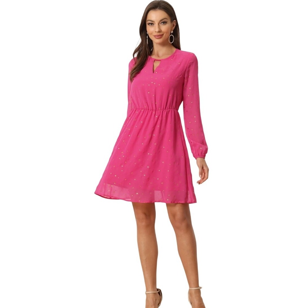 Allegra K Pink Gold‎ Stars Long Sleeve Keyhole Mini Dress Party Cute Medium NWT